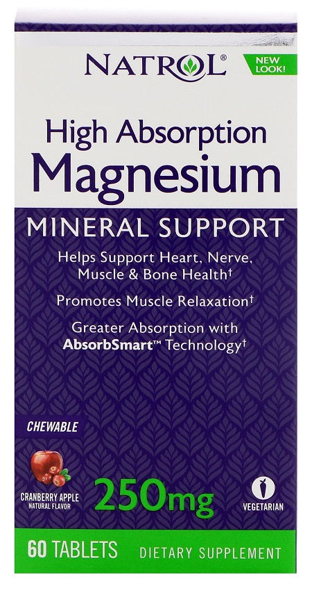 Natrol Magnesium High Absorption 250mg Cranberry Apple , 60 chewable Tablets