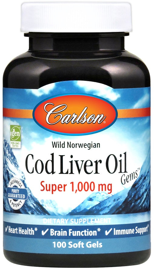 Carlson Labs Wild Norwegian Cod Liver Oil Gems 1000mg, 100 Softgels