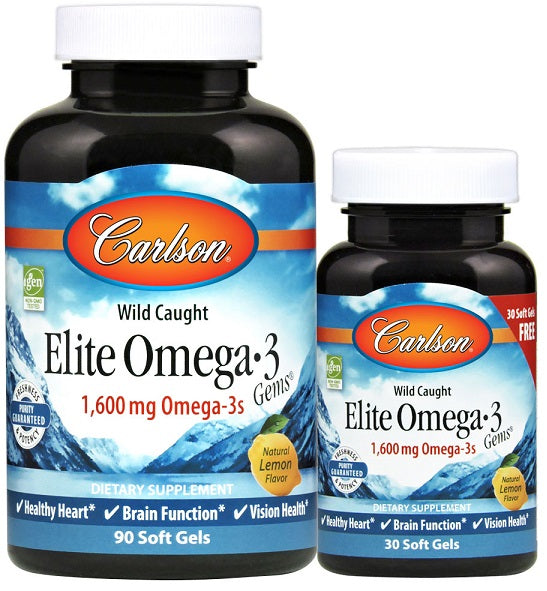 Carlson Labs Elite Omega-3 Gems 1600mg Natural Lemon, 90 + 30 Softgels